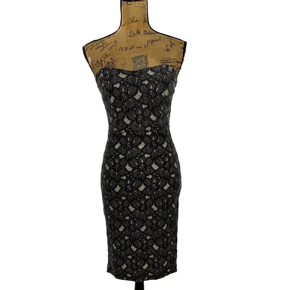 Mystic Los Angeles M Dress Sexy Party Gray‎ Black White Felted Flowers Strapless
